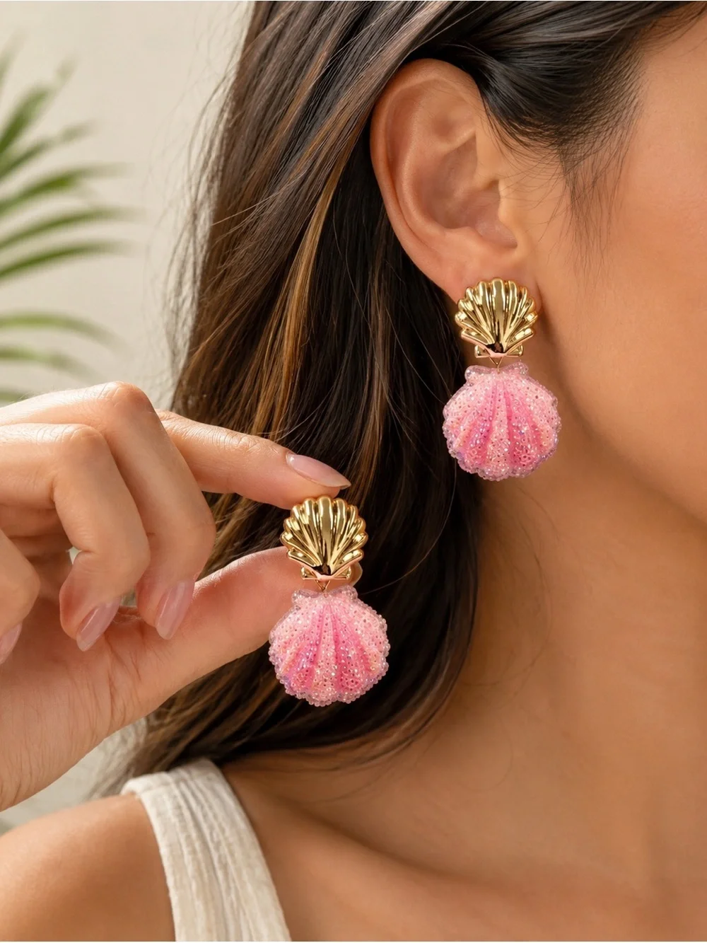 Pink Seashell Gold Earrings  Beach Coastal Glam Sparkle